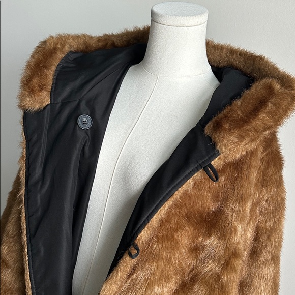 Vintage Neutral Brown Faux Fur Hooded Reversible Full Length Trench Coat 1X Soft - Picture 7 of 13